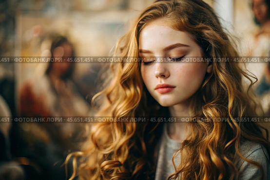 Portrait of a beautiful little red-haired girl with long wavy hair and a thoughtful look. The hair develops and creates a feeling of lightness and naturalness. Стоковое AI-изображение, AI-художник Photojuli / Фотобанк Лори