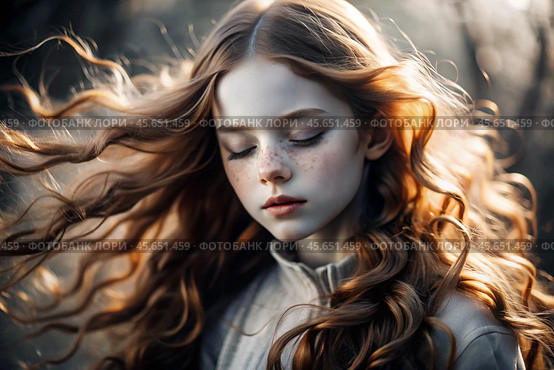 Portrait of a beautiful little red-haired girl with long wavy hair and a thoughtful look. The hair develops and creates a feeling of lightness and naturalness. Стоковое AI-изображение, AI-художник Photojuli / Фотобанк Лори