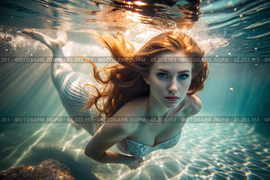Portrait of a beautiful red-haired mermaid girl under water at a depth. Стоковое AI-изображение, AI-художник Photojuli / Фотобанк Лори