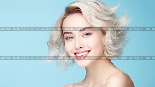 Portrait of a beautiful, sexy, smiling, happy Asian blonde woman with short haircut and perfect skin, light blue background, banner. Стоковое AI-изображение, AI-художник ALLA YURTAYEVA / Фотобанк Лори