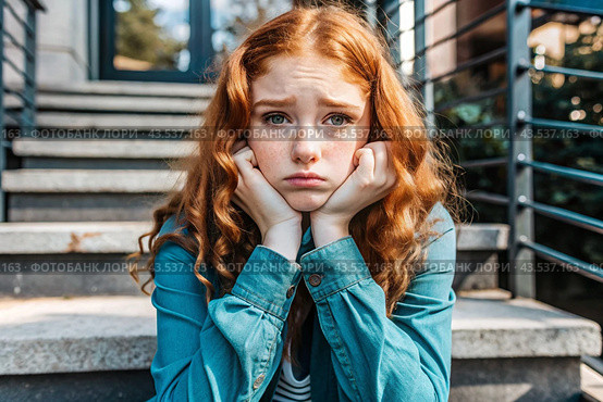 Portrait of a beautiful, unhappy, sad young red-haired teenage girl. Problems, parenting of teenagers. Стоковое AI-изображение, AI-художник Photojuli / Фотобанк Лори
