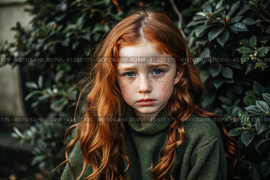 Portrait of a beautiful, unhappy, sad young red-haired teenage girl. Problems, parenting of teenagers. Стоковое AI-изображение, AI-художник Photojuli / Фотобанк Лори