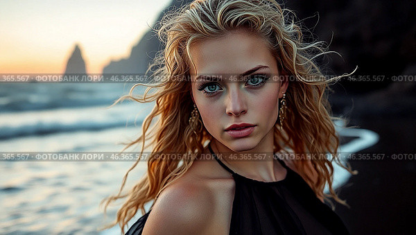 Portrait of a beautiful woman on a beach with black sand against the background of the sea. Romantic, calm and sensual photo of a girl in a delicate black dress. Стоковое AI-изображение, AI-художник Photojuli / Фотобанк Лори