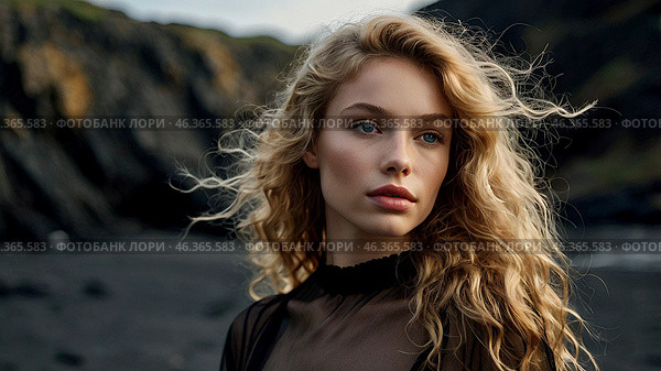 Portrait of a beautiful woman on a beach with black sand against the background of the sea. Romantic, calm and sensual photo of a girl in a delicate black dress. Стоковое AI-изображение, AI-художник Photojuli / Фотобанк Лори