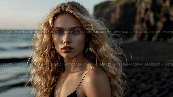 Portrait of a beautiful woman on a beach with black sand against the background of the sea. Romantic, calm and sensual photo of a girl in a delicate black dress. Стоковое AI-изображение, AI-художник Photojuli / Фотобанк Лори