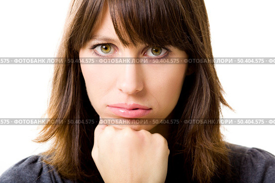 Portrait of a beautiful young woman worried with something, isolated on white background. Стоковое фото, агентство Ingram Publishing / Фотобанк Лори