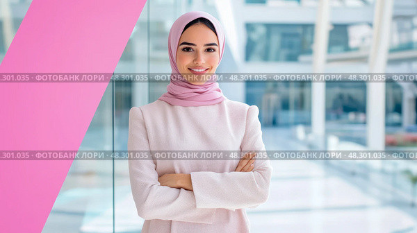 Portrait of a confident woman in hijab, standing with crossed arms, embodying empowerment and modern modest. Стоковое AI-изображение, AI-художник Данила Большаков / Фотобанк Лори