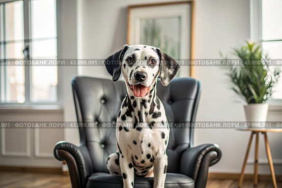 Portrait of a cute joyful Dalmatian dog. A banner with the image of a pet dog in the interior of a white and black living room. Стоковое AI-изображение, AI-художник Photojuli / Фотобанк Лори