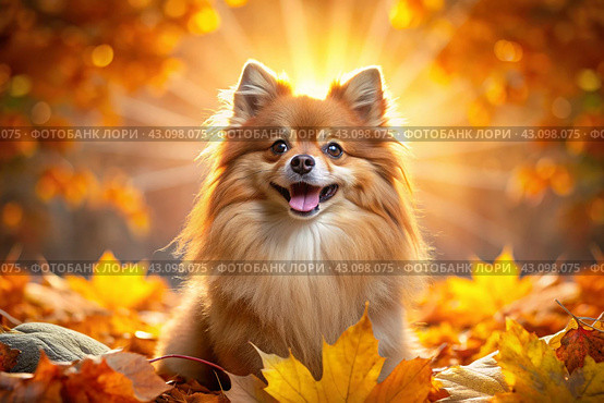 Portrait of a cute joyful Pomeranian dog in autumn on the background of autumn leaves. A banner with a picture of a pet dog. Стоковое AI-изображение, AI-художник Photojuli / Фотобанк Лори