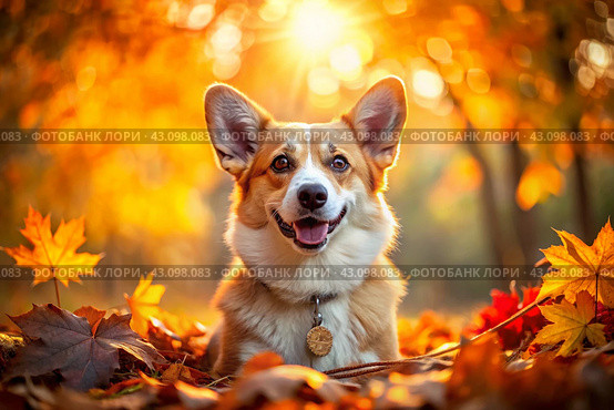 Portrait of a cute joyful Welsh Corgi dog in autumn against the background of autumn leaves. A banner with a picture of a pet dog. Стоковое AI-изображение, AI-художник Photojuli / Фотобанк Лори