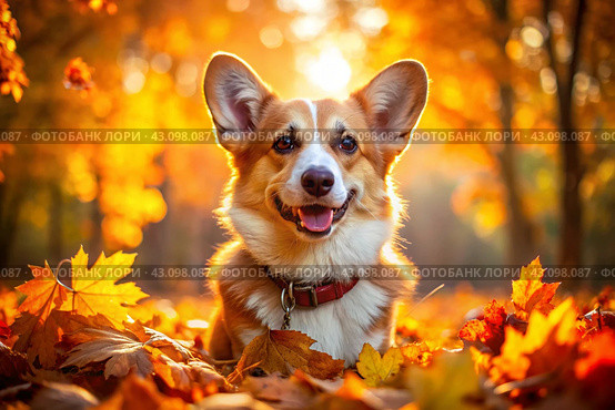 Portrait of a cute joyful Welsh Corgi dog in autumn against the background of autumn leaves. A banner with a picture of a pet dog. Стоковое AI-изображение, AI-художник Photojuli / Фотобанк Лори