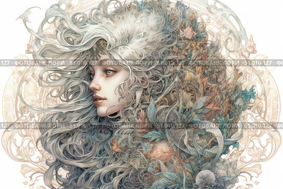 Portrait of a fairy-tale girl with silver wavy hair, harmoniously flowing into a decorative pattern of plants, leaves and flowers. The image is made in the Art Nouveau style, combining sophisticated graphics and complex organic motifs. The elegant female figure seems to merge with nature, creating a sense of unity between man and the world. Ideal for book covers, illustrations, interior decor and themes of nature, magic and fantasy. Стоковое AI-изображение, AI-художник Анна Кривицкая / Фотобанк Лори