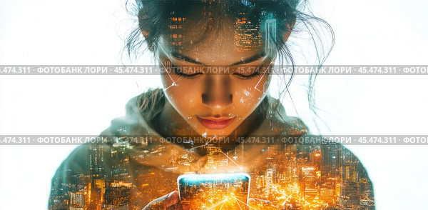 Portrait of a girl with double exposure, looking attentively at the smartphone screen. White background. Стоковое AI-изображение, AI-художник Ярославский Максим / Фотобанк Лори