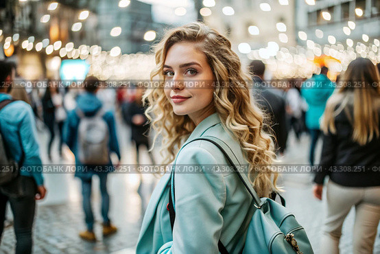 Portrait of a happy beautiful traveler with a backpack in the city on the background of a beautiful bokeh. Traveling alone, a lifestyle. A young tourist is enjoying his vacation. Стоковое AI-изображение, AI-художник Photojuli / Фотобанк Лори