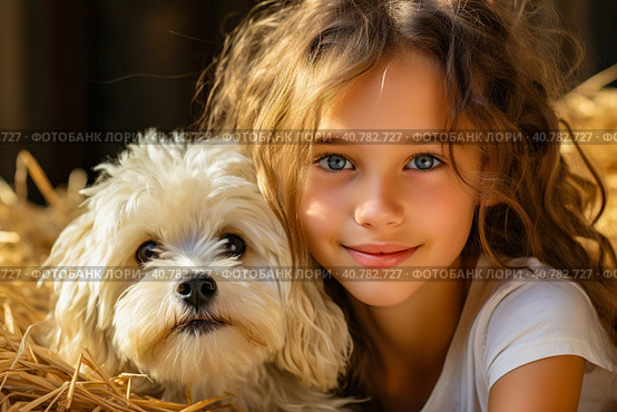 Portrait of a happy girl with a dog. Generative AI. Стоковое AI-изображение, AI-художник Юрий Поздников / Фотобанк Лори