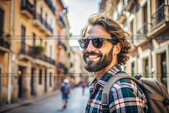 Portrait of a happy handsome hipster traveler with a backpack and sunglasses. Solo travel, lifestyle. A young tourist enjoys a vacation on a sunny day. Стоковое AI-изображение, AI-художник Photojuli / Фотобанк Лори