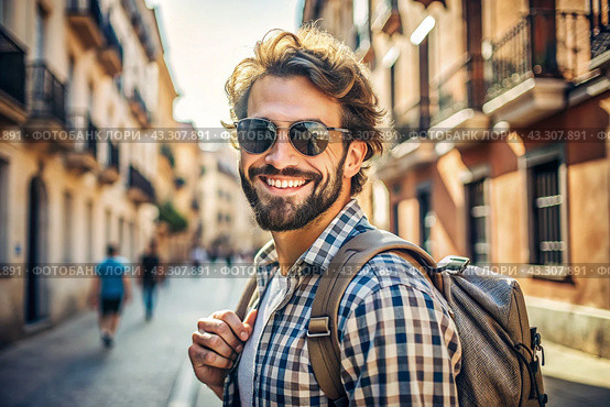 Portrait of a happy handsome hipster traveler with a backpack and sunglasses. Solo travel, lifestyle. A young tourist enjoys a vacation on a sunny day. Стоковое AI-изображение, AI-художник Photojuli / Фотобанк Лори