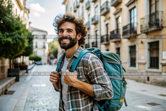 Portrait of a happy handsome hipster traveler with a backpack and sunglasses. Solo travel, lifestyle. A young tourist enjoys a vacation on a sunny day. Стоковое AI-изображение, AI-художник Photojuli / Фотобанк Лори