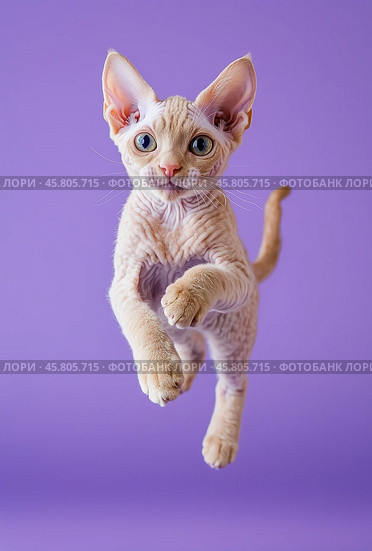 Portrait of a jumping Devon Rex cat on a purple background. Стоковое AI-изображение, AI-художник ArtVladZ / Фотобанк Лори