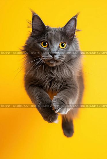 Portrait of a jumping Nibelung cat on a yellow background. Стоковое AI-изображение, AI-художник ArtVladZ / Фотобанк Лори