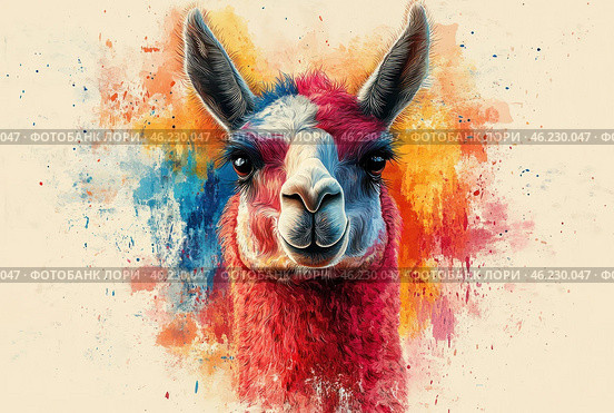 Portrait of a llama in the style of abstract art with bright colors and dynamic brushstrokes. The animal looks directly at the viewer, its face is detailed, with clearly drawn eyes, nose and fur. The main colors are red, blue, white and orange, which create the impression of movement and energy. The background consists of colored splashes and textured brushstrokes, reminiscent of watercolor or graffiti. The overall style of the image combines elements of realism with abstract expression, giving the painting liveliness and artistic originality. Стоковое AI-изображение, AI-художник Анна Кривицкая / Фотобанк Лори