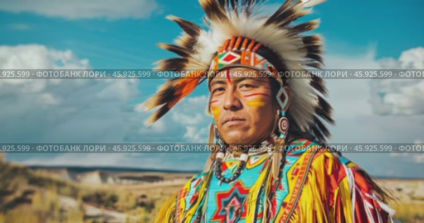 portrait of a Native American Indian in national costume. Стоковое AI-видео, аниматор Александр Довянский / Фотобанк Лори
