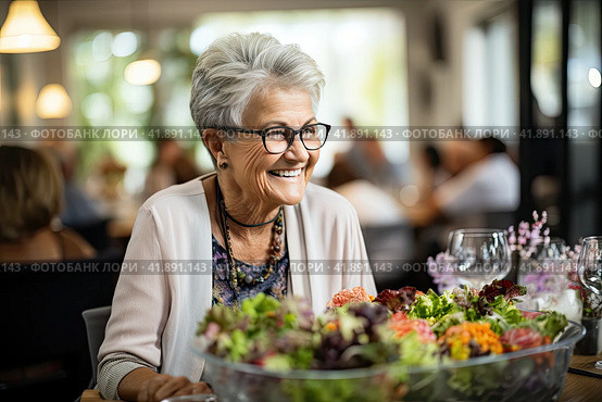 Portrait of a senior woman in a retirement home happily enjoying a healthy lunch. Presentation of a healthy lifestyle of well-being and contentment even at an age. Стоковое AI-изображение, AI-художник Ирина Михайличенко / Фотобанк Лори
