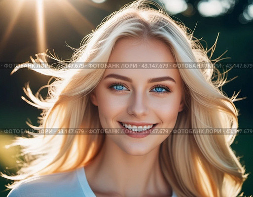 Portrait of a smiling beautiful young blonde girl or woman with straight flowing hair, blue eyes, long eyelashes and white teeth. Sunny weather in the background. Joy and happiness. Generated AI. Стоковое AI-изображение, AI-художник Юлия Петровская / Фотобанк Лори