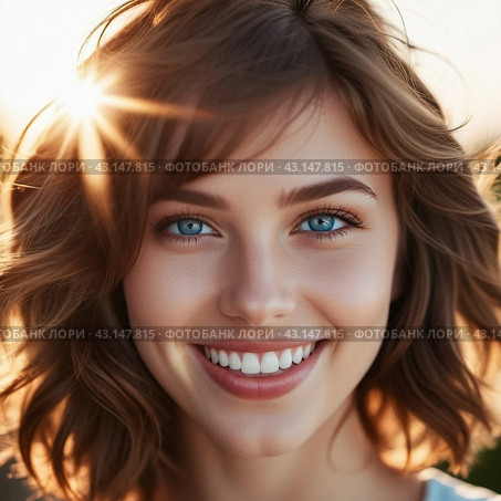 Portrait of a smiling beautiful young portrait of a brown-haired girl or woman with straight flowing hair, blue eyes,plump lips, long eyelashes and white teeth. Sunny weather. Joy and happiness. AI. Стоковое AI-изображение, AI-художник Юлия Петровская / Фотобанк Лори