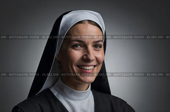 Portrait of a smiling nun wearing a costume, isolated on transparent background. Стоковое AI-изображение, AI-художник Александр Поташев / Фотобанк Лори