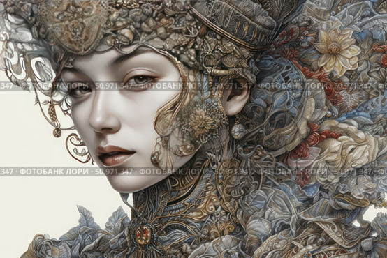 Portrait of a woman in a fantasy image with a rich and complex headdress decorated with flowers, ornaments and precious elements. The heroine's gaze is calm and majestic, her face seems to be made of porcelain. The illustration is made in the Art Nouveau style with elements of fantasy and baroque. Ideal for themes related to art, fashion, mythology, history, role-playing games and cultural heritage. Стоковое AI-изображение, AI-художник Анна Кривицкая / Фотобанк Лори