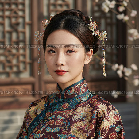 Portrait of a young beautiful Chinese woman in national costume. generated by AI. Стоковое AI-изображение, AI-художник Андрей Аркуша / Фотобанк Лори