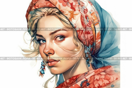 Portrait of a young girl in a bright scarf with a patterned ornament, done in watercolor style. The girl's face is expressive, with soft features and clear blue eyes. Her hair is slightly fluttering in the wind, creating a sense of liveliness and naturalness. The image combines traditional motifs and a modern artistic interpretation. Стоковое AI-изображение, AI-художник Анна Кривицкая / Фотобанк Лори