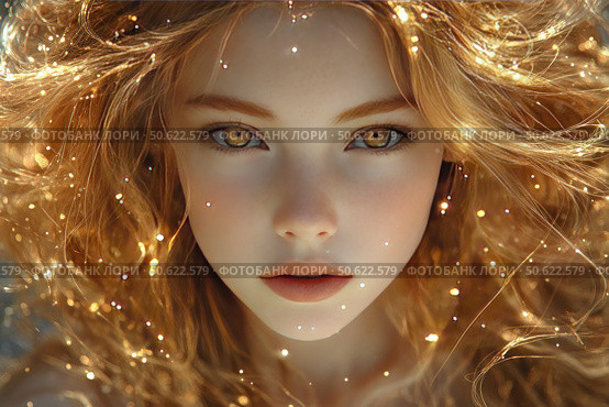 Portrait of a young girl with fiery red hair decorated with sparkling gold particles. Her face with delicate skin, freckles and expressive amber eyes is filled with light and magic. Close-up photography creates a sense of magic and unreal beauty. The image is made in a fairy-tale and artistic manner, emphasizing natural aesthetics and a mystical mood. Suitable for themes of fashion, fantasy, feminine beauty and inspiration. Стоковое AI-изображение, AI-художник Анна Кривицкая / Фотобанк Лори