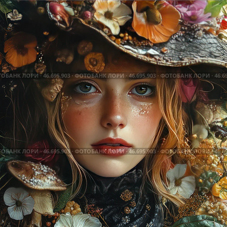 Portrait of a young girl with mesmerizing blue eyes and freckles, framed by a variety of flowers, mushrooms and natural elements. She wears an original hat decorated with dried flowers, berries and leaves, which creates an atmosphere of fairy tales and natural magic. Her skin glows with natural light, emphasizing the smoothness of her facial features. The girl’s deep, penetrating gaze is filled with mystery and enigma, and the details of her outfit and surroundings are executed with incredible realism, creating an effect of hyperrealism. The color scheme includes warm autumn shades mixed with muted green and brown tones, which emphasizes the harmony with nature. Стоковое AI-изображение, AI-художник Анна Кривицкая / Фотобанк Лори