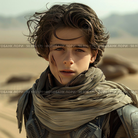 Portrait of a young hero in the desert, dressed in futuristic armor and a scarf to protect him from the sand. His face has light battle scratches, his gaze is confident and focused. The atmosphere of the frame refers to post-apocalyptic or sci-fi stories, with elements of survival and inner strength. Suitable for illustrating themes of heroism, science fiction, cinema and video games. Стоковое AI-изображение, AI-художник Анна Кривицкая / Фотобанк Лори