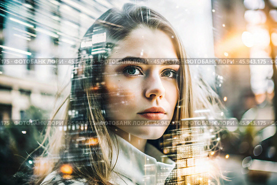 Portrait of a young woman. Conceptual artistic close-up image against the background of a city with double exposure and visual effects. An advertising move. Стоковое AI-изображение, AI-художник Photojuli / Фотобанк Лори