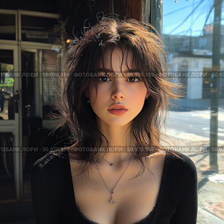 Portrait of a young woman with expressive features and natural make-up, taken in natural light by the window. Her hair is slightly disheveled, creating a feeling of slight negligence and freedom. The girl is dressed in a black top with a deep neckline, with delicate jewelry on her neck. The background is a street scene, softly blurred, which emphasizes the model. The atmosphere of the frame is modern, stylish, with notes of intimacy and lively presence. Стоковое AI-изображение, AI-художник Анна Кривицкая / Фотобанк Лори