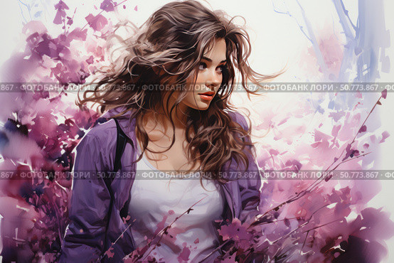 Portrait of a young woman with long wavy hair in a lilac jacket against a background of abstract pink flowers and light strokes of paint. Her gaze is directed to the side, her face expresses slight thoughtfulness and tenderness. The image is filled with dynamics and a creative atmosphere, emphasized by bright and soft colors. Стоковое AI-изображение, AI-художник Анна Кривицкая / Фотобанк Лори