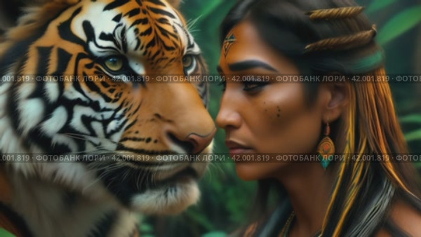 Portrait of an African Woman with a Tiger: The Embodiment of Strength and Beauty. Стоковое AI-видео, аниматор Юрий Поздников / Фотобанк Лори