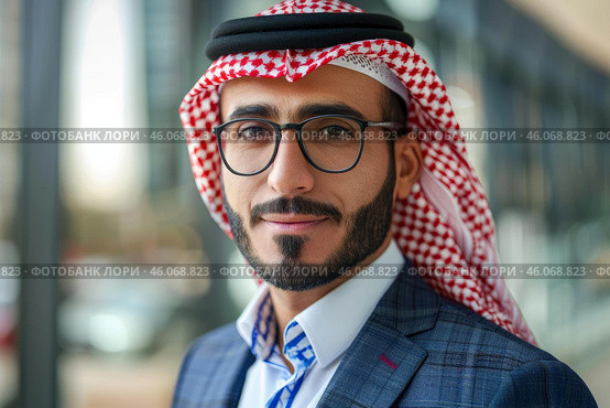 Portrait of an arab businessman wearing a keffiyeh and suit in a modern office environment. Стоковое AI-изображение, AI-художник Иван Рябоконь / Фотобанк Лори