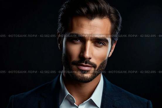 Portrait of an elegant stylish handsome man on dark background. Luxury studio fashion portrait. Guy looking assertive and interested. Concept of serious approach to your work and confidence in result. Стоковое AI-изображение, AI-художник Aleksandr Golubev / Фотобанк Лори