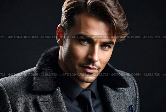 Portrait of an elegant stylish handsome man on dark background. Luxury studio fashion portrait. Guy looking assertive and interested. Concept of serious approach to your work and confidence in result. Стоковое AI-изображение, AI-художник Aleksandr Golubev / Фотобанк Лори