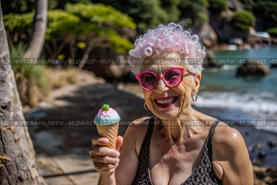 Portrait of an extraordinary, stylish, fashionable elderly woman, a pensioner of 70 years old, with ice cream in her hands on vacation on the beach by the sea. The concept of happy seniors and delicious desserts. Стоковое AI-изображение, AI-художник Photojuli / Фотобанк Лори