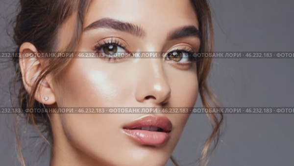 Portrait of caucasian young woman with clean smooth skin. Cute girl on gray background. Beauty female model. Woman in studio. Facial skin care and beautiful natural makeup. Стоковое AI-видео, аниматор Ирина / Фотобанк Лори