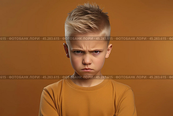 Portrait of disgruntled blond boy against orange background. The boy experiencing negative emotions due to fact that his family tore him away from computer games and forced him. Sulking Caucasian boy. Стоковое AI-изображение, AI-художник Sergey Grishin / Фотобанк Лори