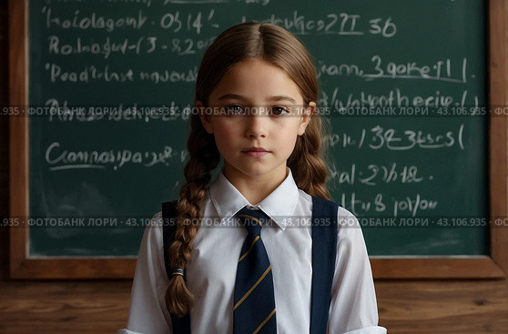 Portrait of first grader girl in school uniform at blackboard in classroom, thought looking at camera. Cute child schoolgirl posing indoors. School learning, education concept. Copy ad text space. Стоковое AI-изображение, AI-художник Aleksandr Golubev / Фотобанк Лори