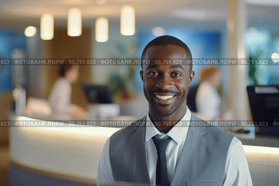 Portrait of happy black hotel concierge smiling at reception desk. Стоковое AI-изображение, AI-художник Иван Рябоконь / Фотобанк Лори