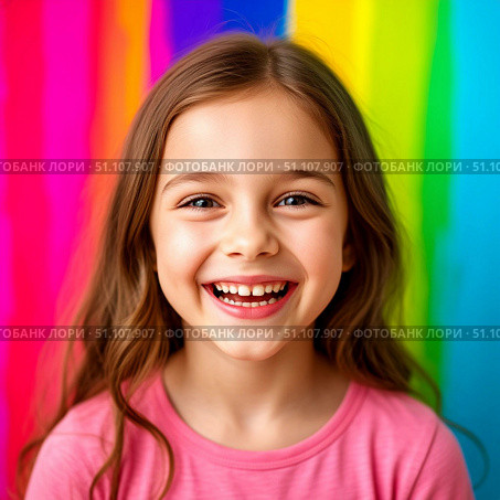 Portrait of happy girl with smile on face on colorfull background. Стоковое AI-изображение, AI-художник Ирина Гильмуллина / Фотобанк Лори