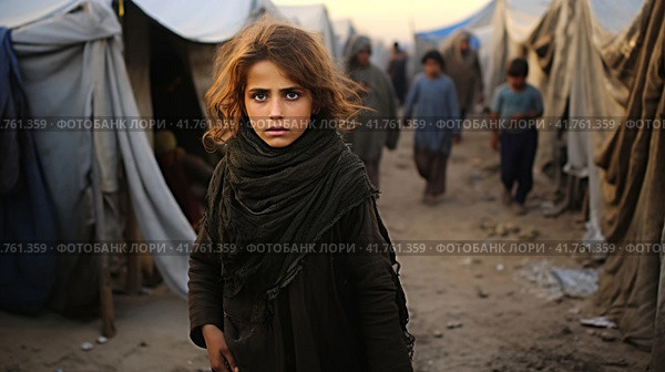 Portrait of Refugees on middle east looking at camera. Homeless people, unhappy and frightened, shawl camps,  Generative AI. Стоковое AI-изображение, AI-художник Анна Кривицкая / Фотобанк Лори